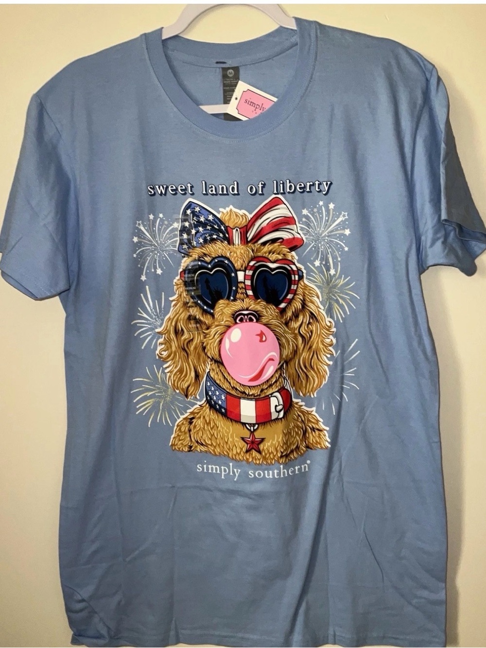 Simply Southern Short Sleeve Tshirt, Women’s Large Sweet Land Of Liberty Dog NWT